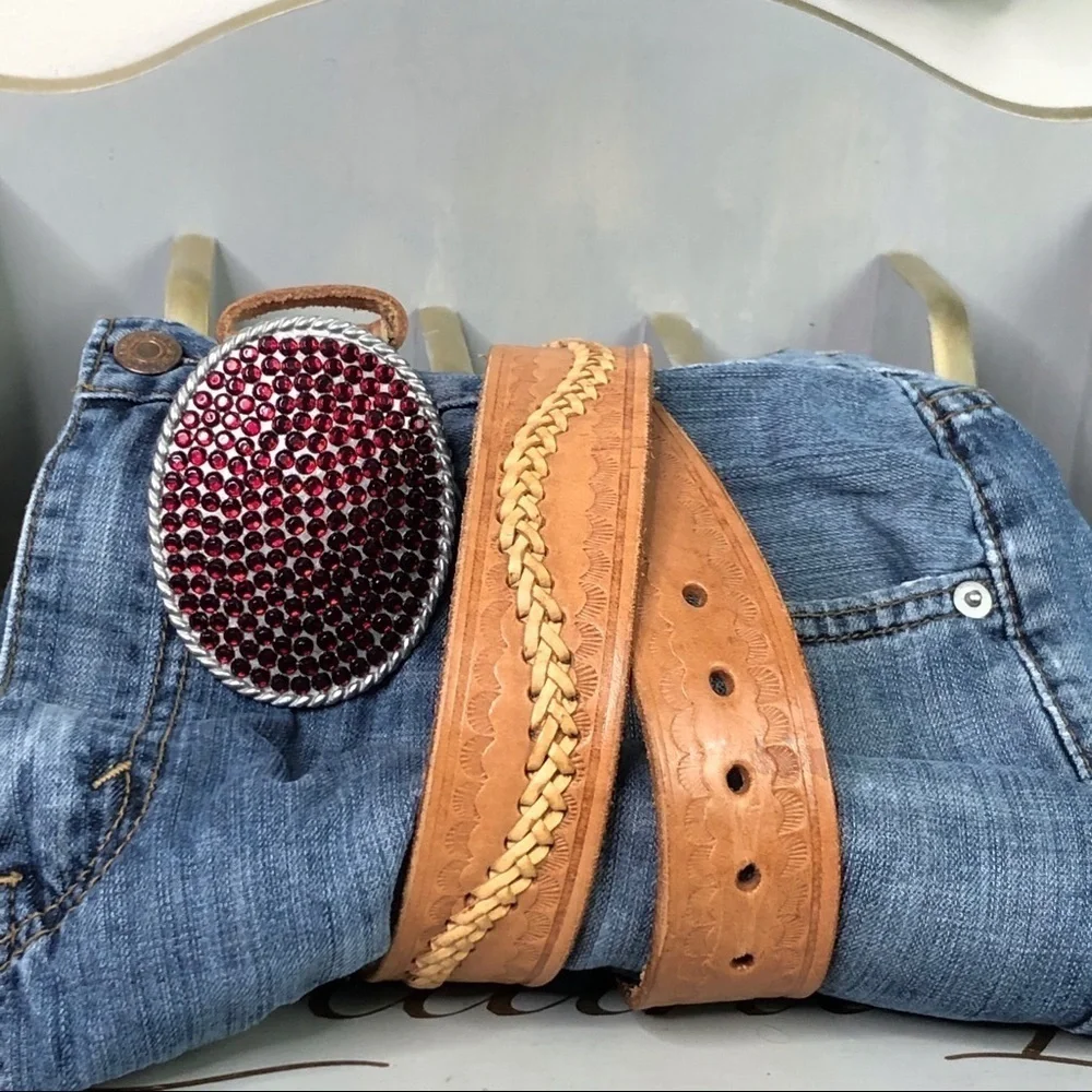RED rhinestone tan leather woven belt
